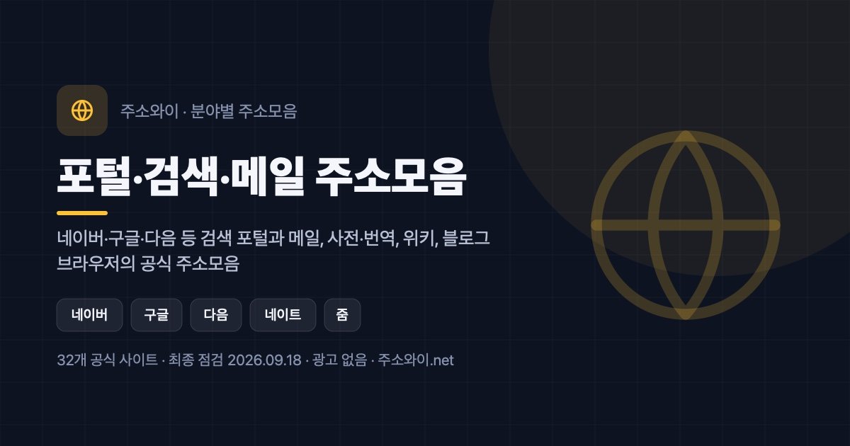 포털·검색·메일 주소모음 안내 이미지: 네이버·구글·다음 등 검색 포털과 메일, 사전·번역, 위키, 블로그, 브라우저의 공식 주소모음