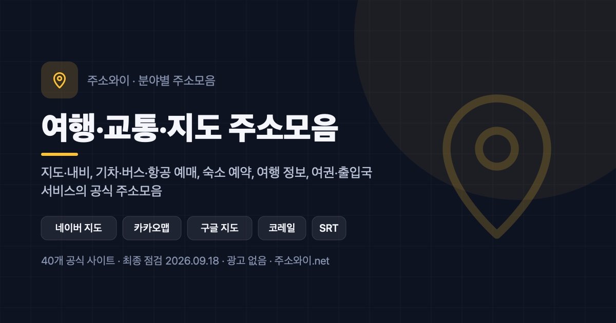 여행·교통·지도 주소모음 안내 이미지: 지도·내비, 기차·버스·항공 예매, 숙소 예약, 여행 정보, 여권·출입국 서비스의 공식 주소모음